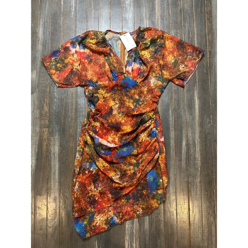 Harper & Wells Vibrant Abstract Floral Ruched Mini Dress Short Sleeve Sheer
